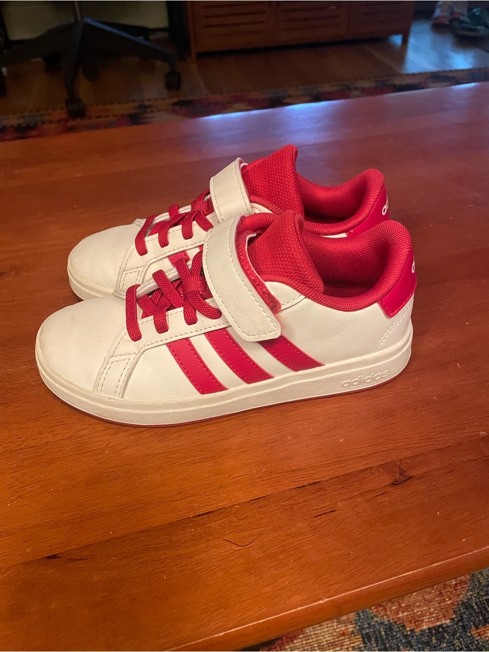 adidas Kids White Sneakers with Red Stripes and Accents